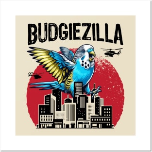 Budgiezilla Funny Giant Parakeet Budgie Budgerigar Bird Lover In City Posters and Art